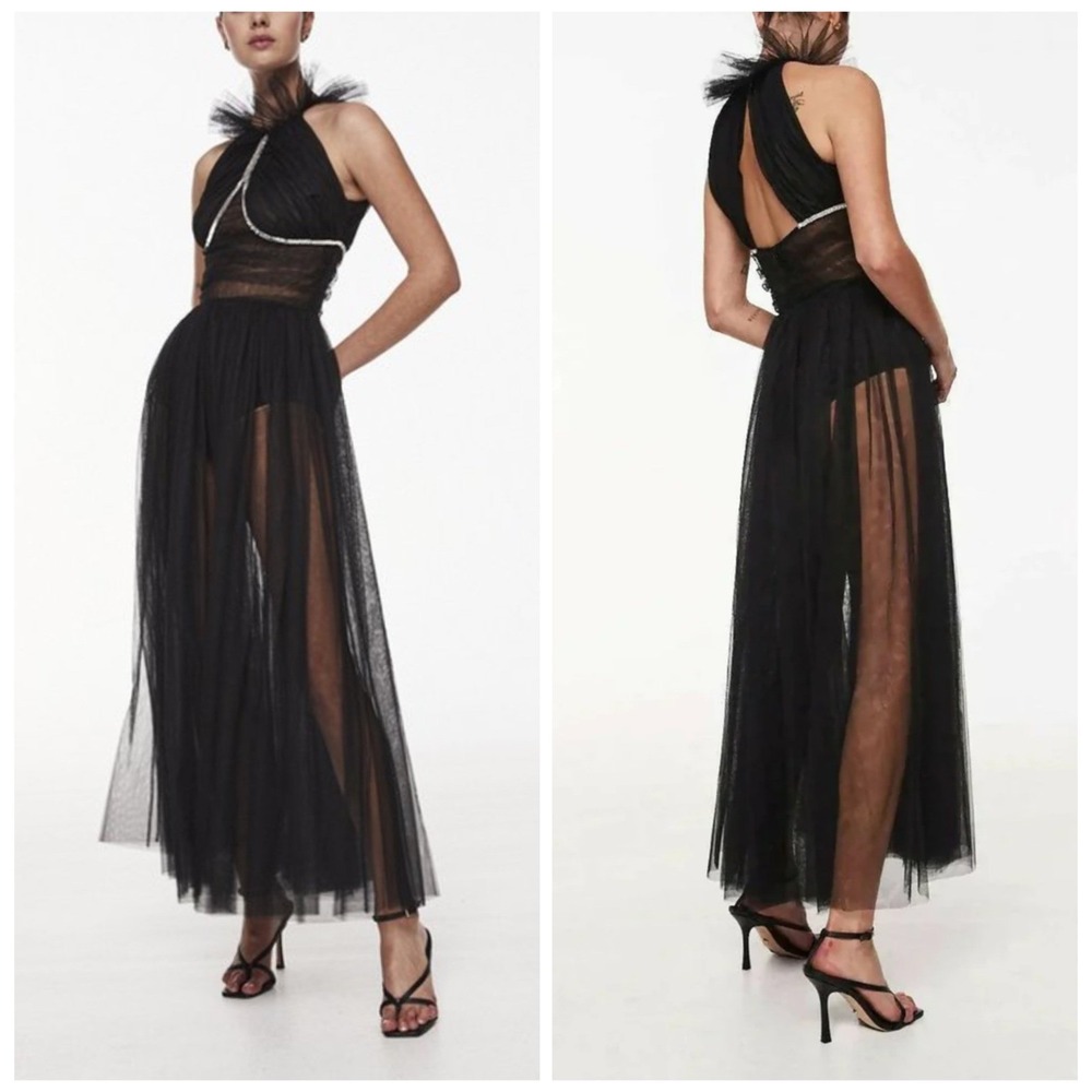 Rachel Gilbert Lou Gown Black Tulle Halter Formal Dress Crystal Embellished Sz S